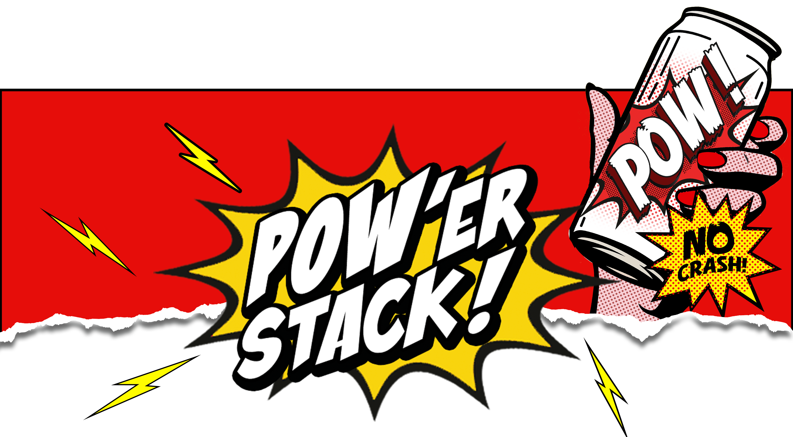 Comic-style 'Power Stack!' logo with a can of spray paint and text on a red background.